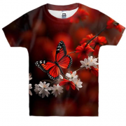 Детская 3D футболка с бело-красными цветами и бабочкой