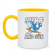 Чашка с акулой серфингистом и надписью "Surf and sun"