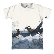3D футболка с рыбаками и китом