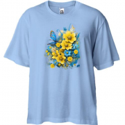 Футболка Oversize Желто-синий цветочный арт с бабочкой