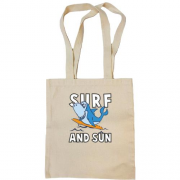 Сумка шоппер с акулой серфингистом и надписью "Surf and sun"