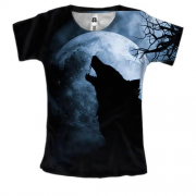 Женская 3D футболка Волк на фоне луны