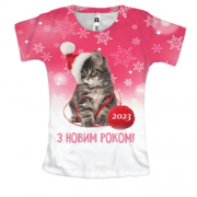 Женская 3D футболка с Новогодним котенком 2023