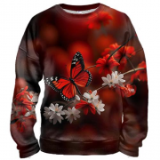 3D свитшот с бело-красными цветами и бабочкой