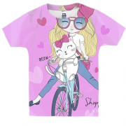 Дитяча 3D футболка з дівчиною на велосипеді з котом