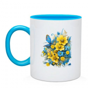 Чашка Желто-синий цветочный арт с бабочкой