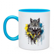 Чашка волк в желто-синей акварели (арт)
