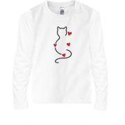 Детская футболка с длинным рукавом силуэт кота с сердечками (Вышивка)